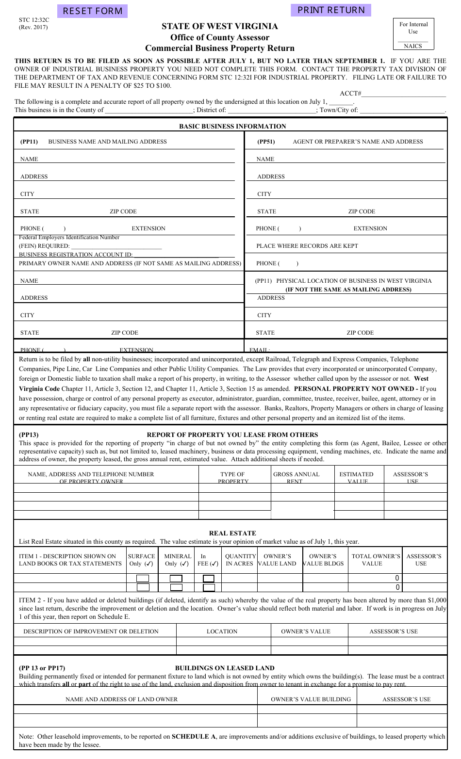 Form STC12:32C Commercial Business Property Return - West Virginia, Page 1