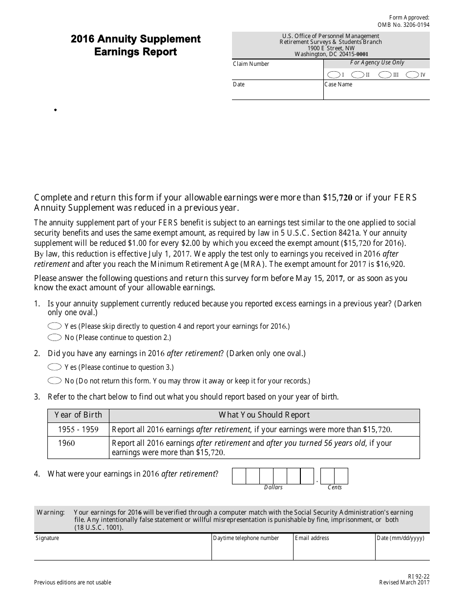 OPM Form RI9222 2016 Fill Out, Sign Online and Download Printable