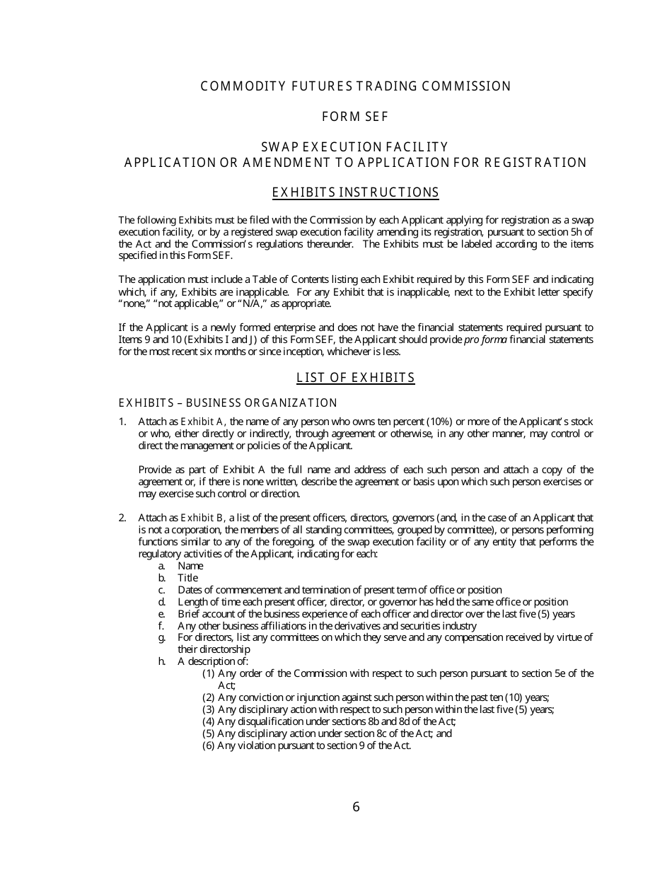 CFTC Form SEF Swap Execution Facility Application or Amendment to Application for Registration, Page 6