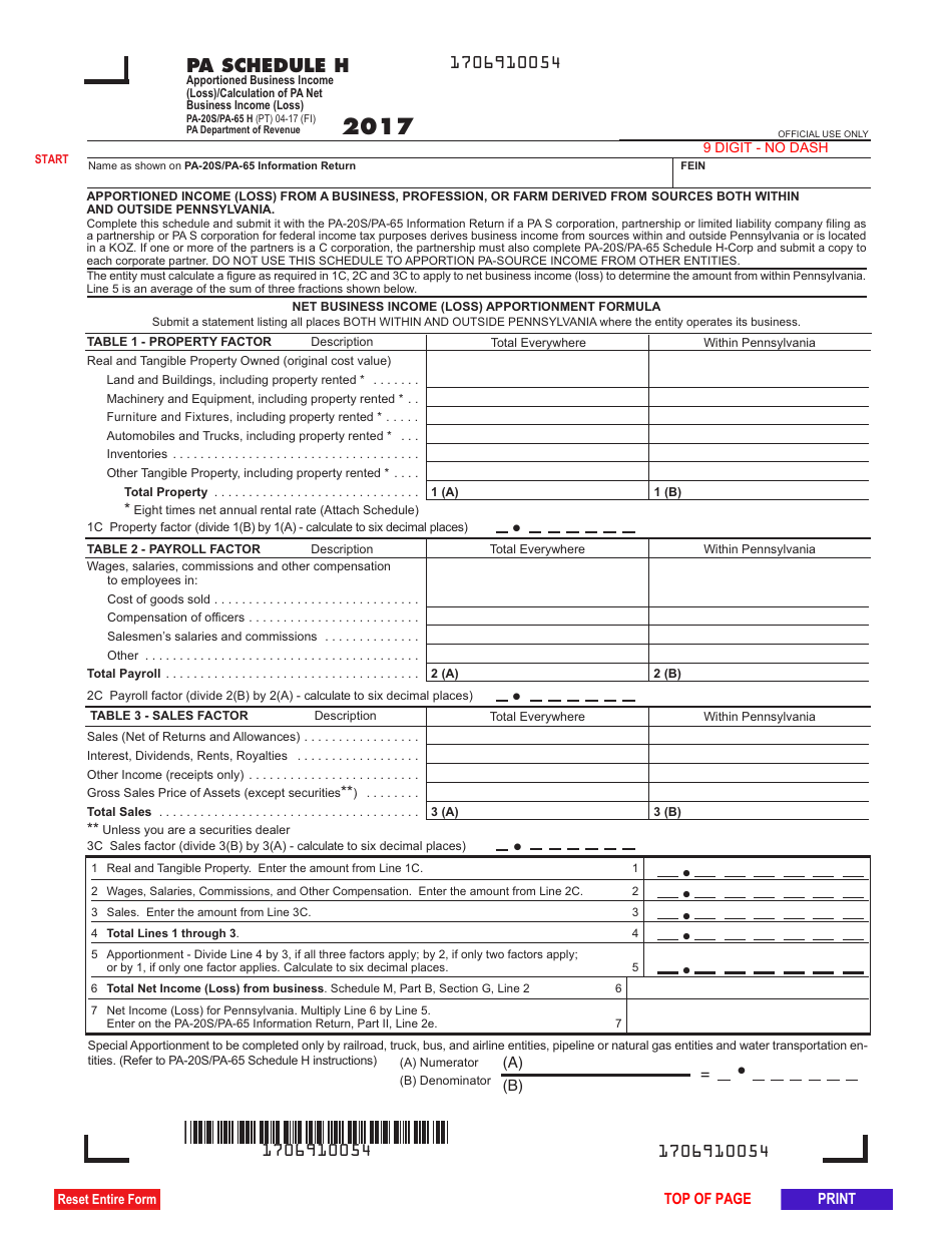 Form PA-20S (PA-65 H) Schedule H - 2017 - Fill Out, Sign Online and ...