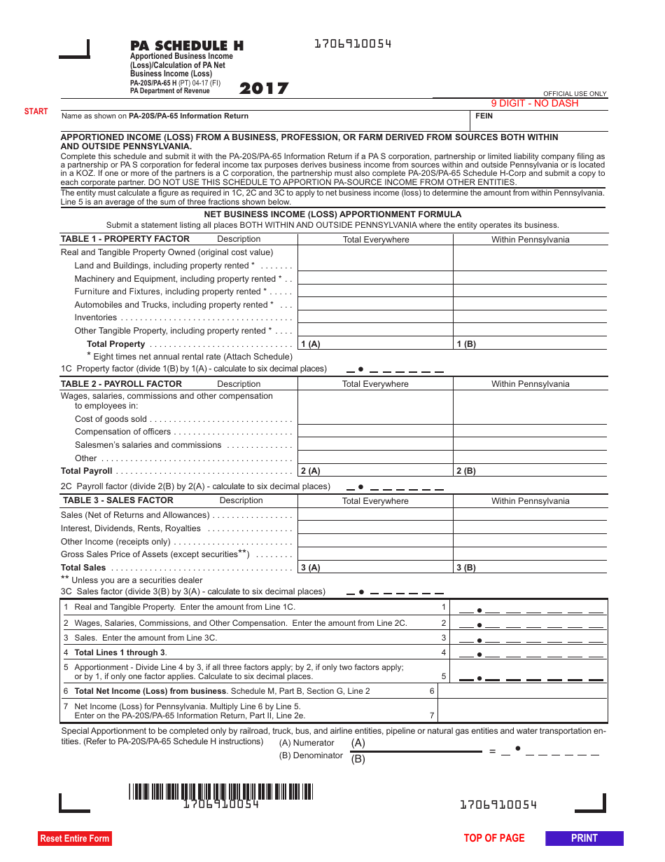 Form PA-20S (PA-65 H) Schedule H Apportioned Business Income (Loss) / Calculation of Pa Net Business Income (Loss) - Pennsylvania, Page 1