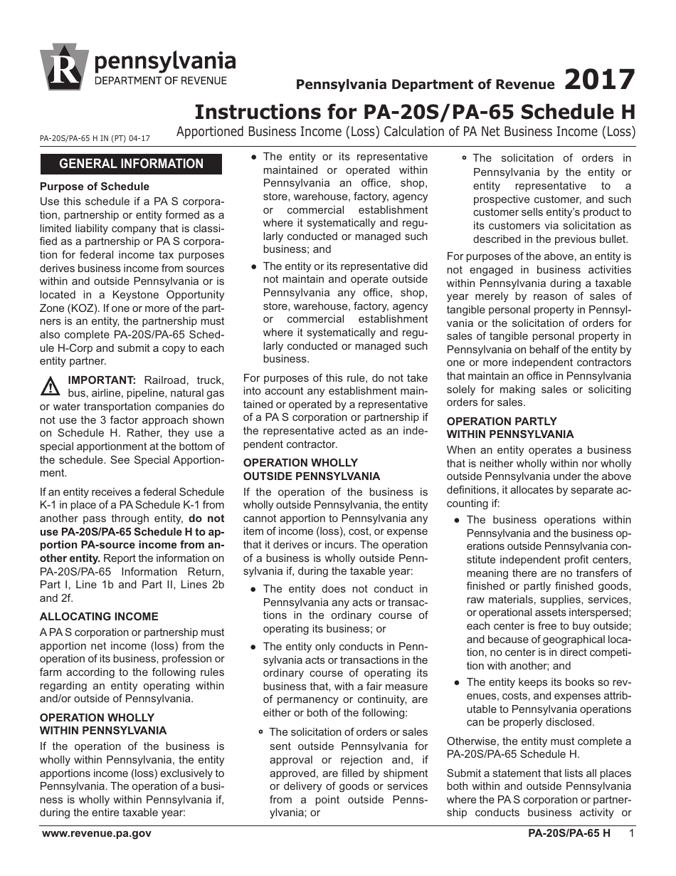 Form PA-20S (PA-65 H) Schedule H Apportioned Business Income (Loss) / Calculation of Pa Net Business Income (Loss) - Pennsylvania, Page 3