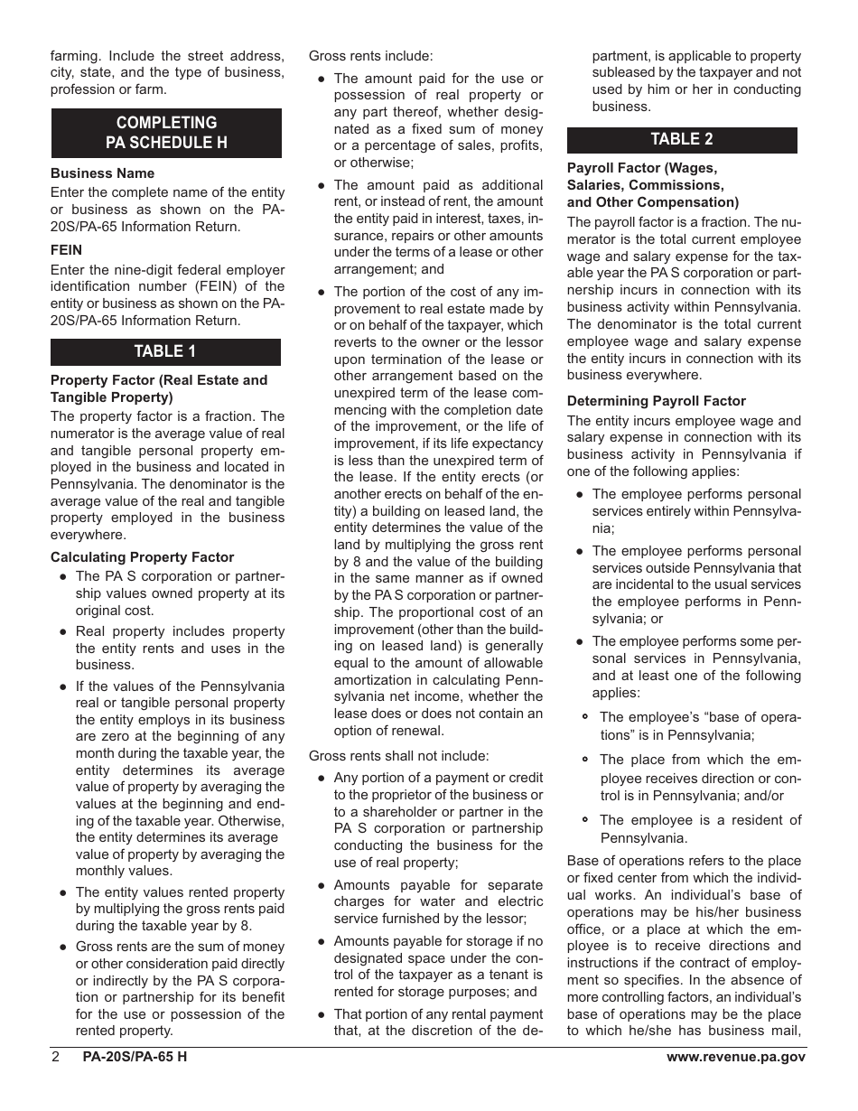 Form PA-20S (PA-65 H) Schedule H Apportioned Business Income (Loss) / Calculation of Pa Net Business Income (Loss) - Pennsylvania, Page 4