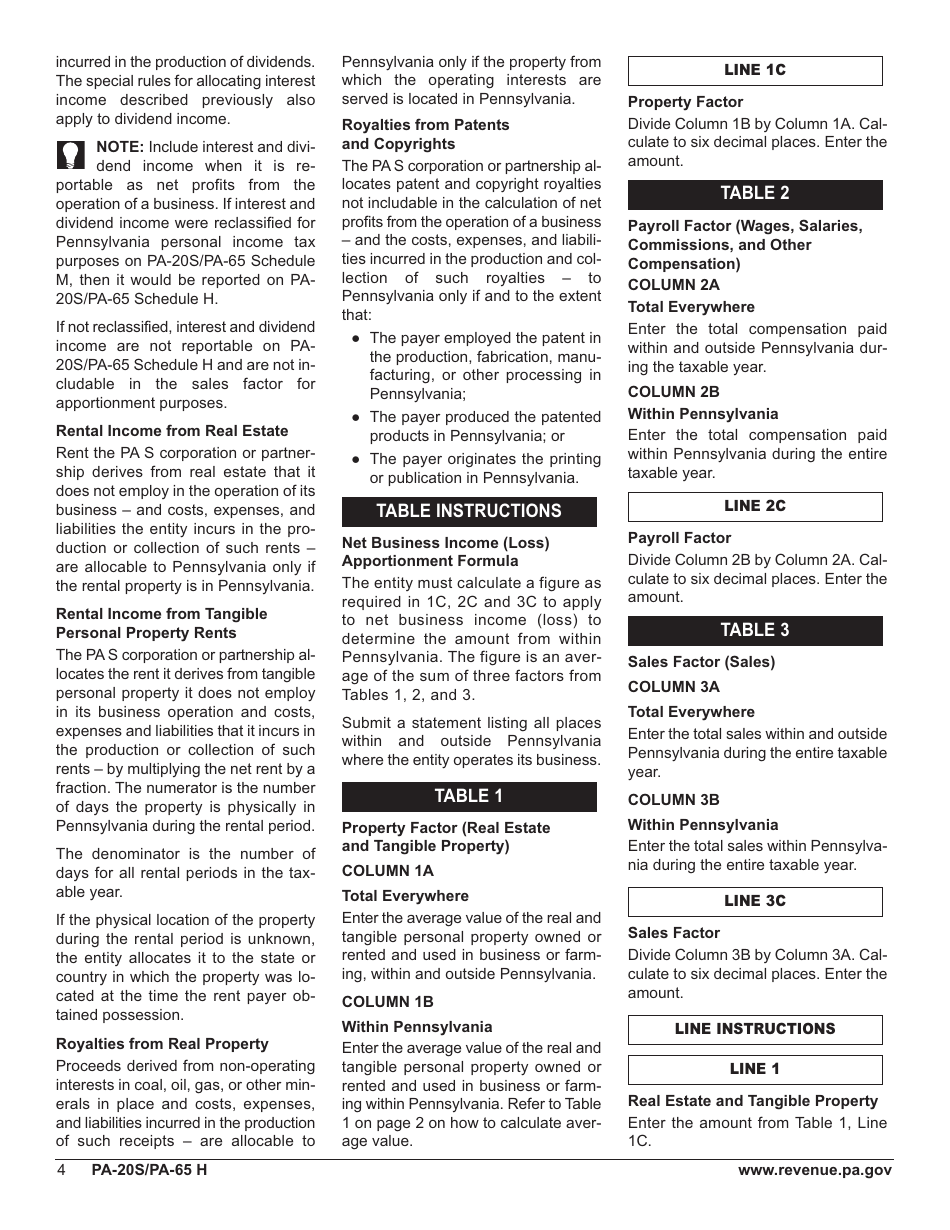 Form PA-20S (PA-65 H) Schedule H Apportioned Business Income (Loss) / Calculation of Pa Net Business Income (Loss) - Pennsylvania, Page 6