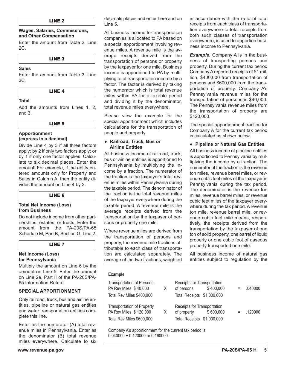 Form PA-20S (PA-65 H) Schedule H Apportioned Business Income (Loss) / Calculation of Pa Net Business Income (Loss) - Pennsylvania, Page 7