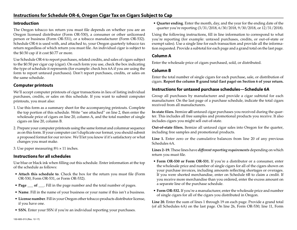 Schedule OR-6 Cigar Tax on Cigars Subject to Cap - Oregon, Page 2