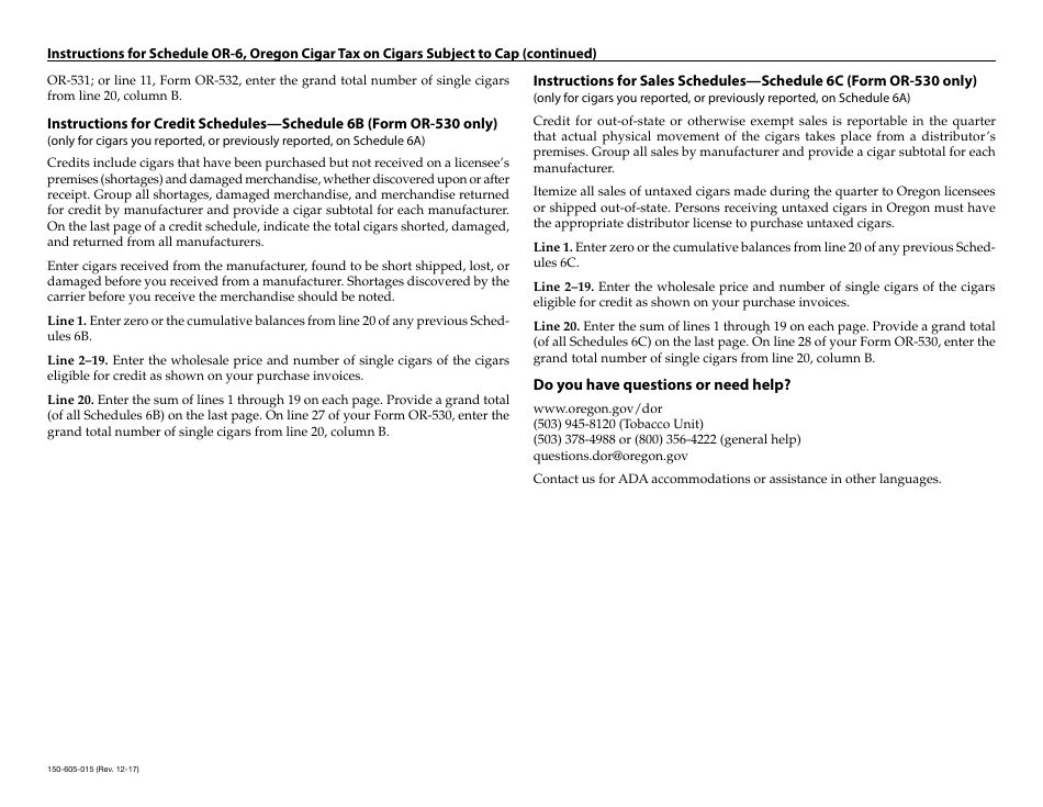 Schedule OR-6 Cigar Tax on Cigars Subject to Cap - Oregon, Page 3