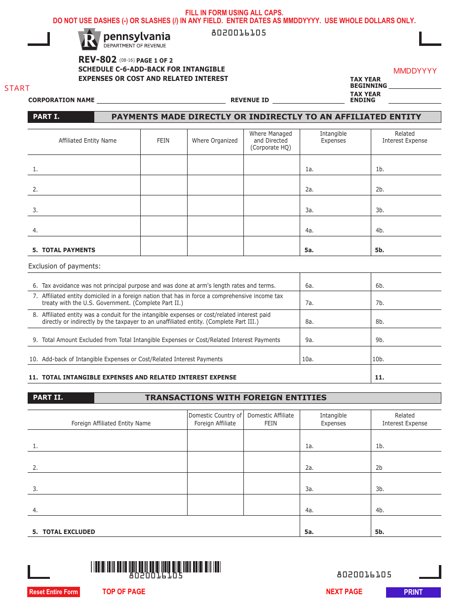 Form REV-802 Schedule C-6 Add-Back for Intangible Expenses or Cost and Related Interested - Pennsylvania, Page 1