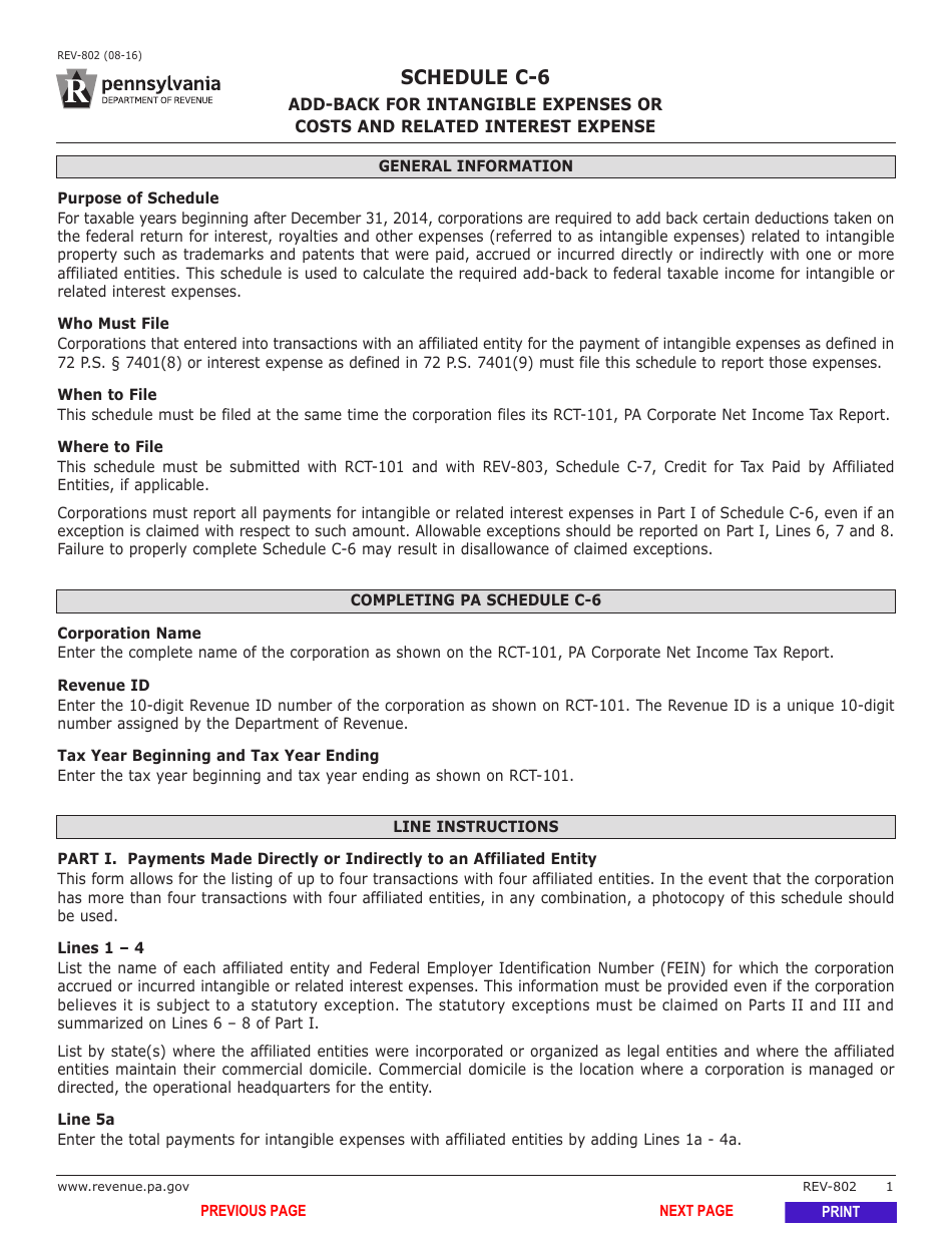 Form REV-802 Schedule C-6 Add-Back for Intangible Expenses or Cost and Related Interested - Pennsylvania, Page 3