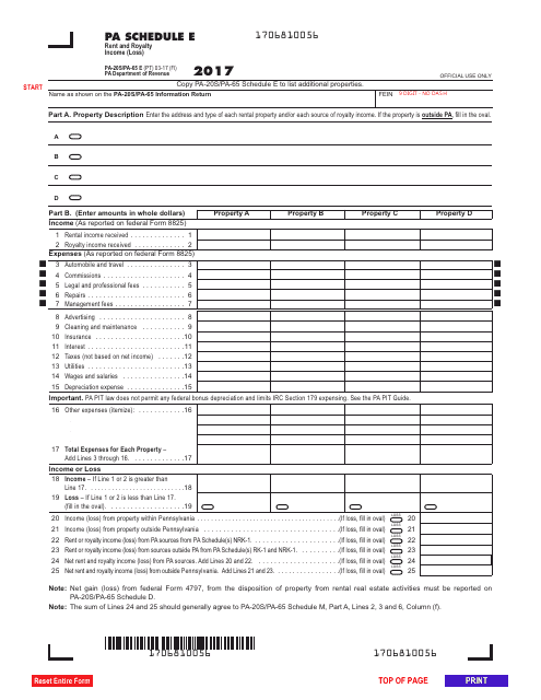 Form PA-20S/65E Schedule E Rent and Royalty Income (Loss) - Pennsylvania, 2017