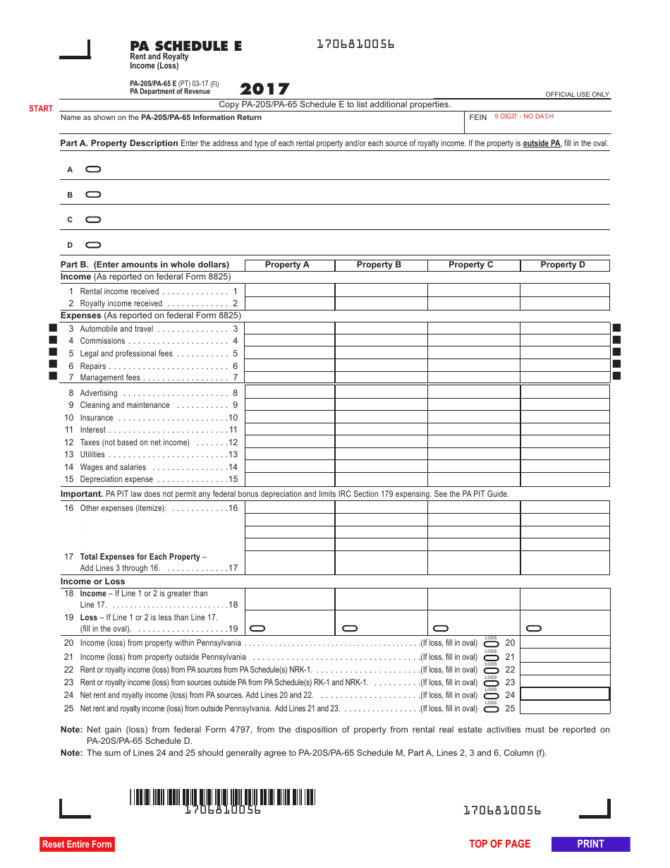 Form PA20S/65E Schedule E 2017 Fill Out, Sign Online and Download