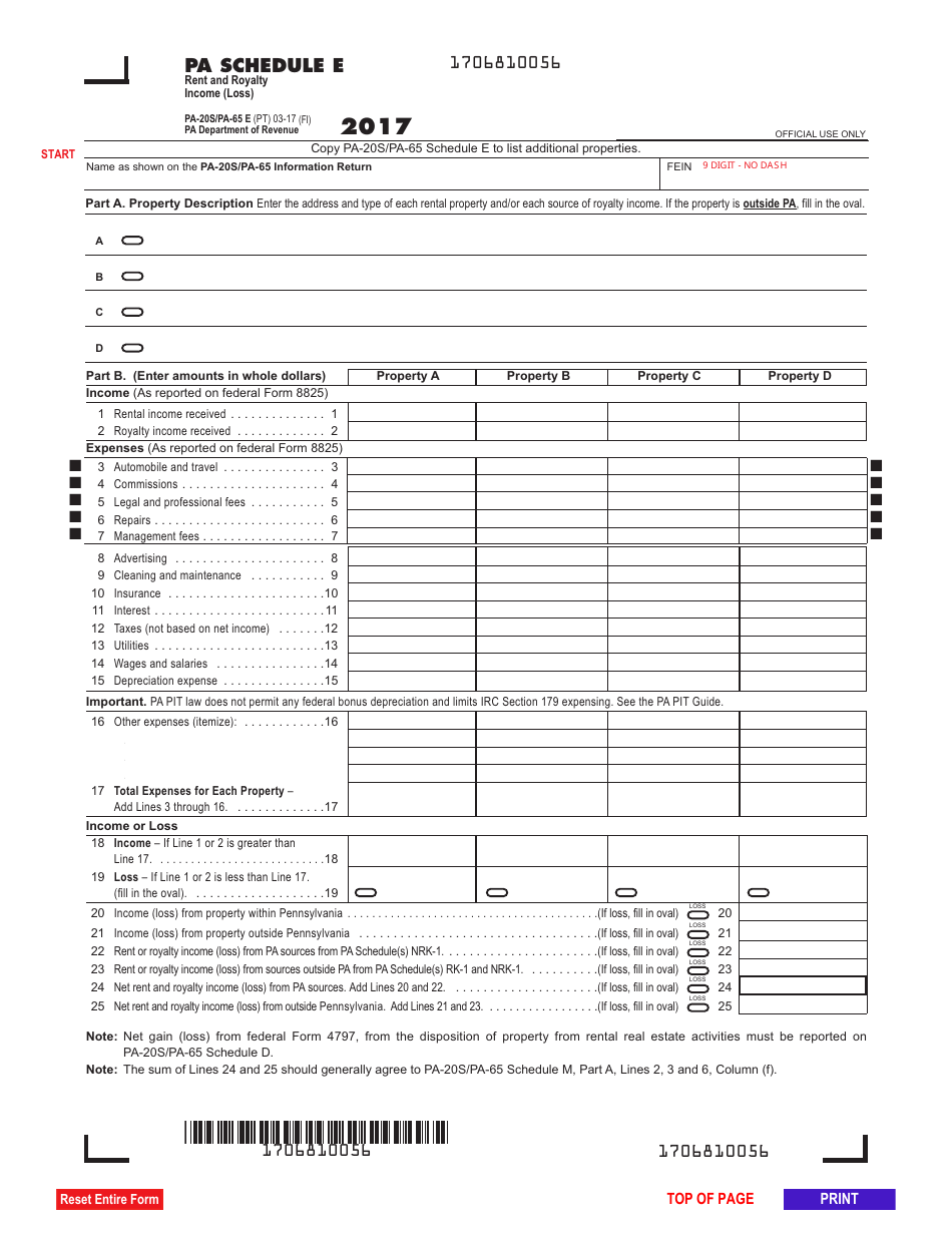 Form PA-20S / 65E Schedule E Rent and Royalty Income (Loss) - Pennsylvania, Page 1