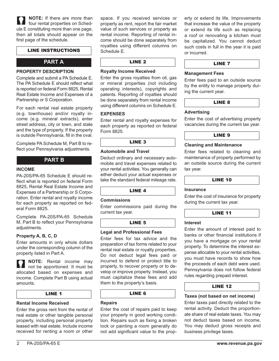 Form PA-20S / 65E Schedule E Rent and Royalty Income (Loss) - Pennsylvania, Page 4