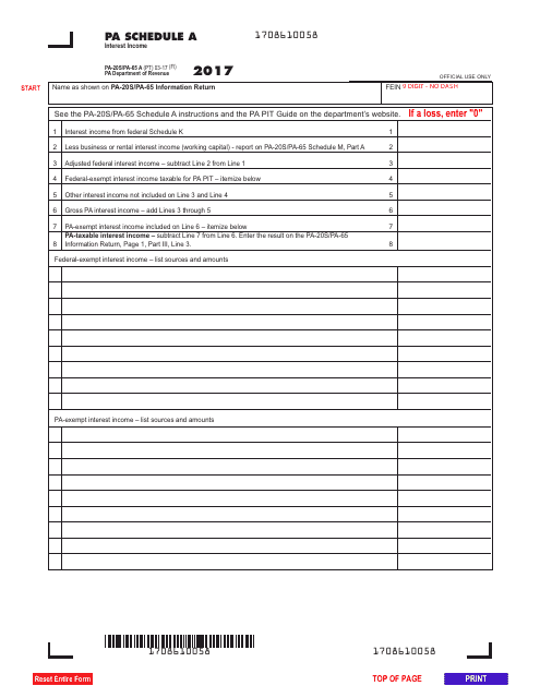 Form PA-20S/65A Schedule A Interest Income - Pennsylvania, 2017