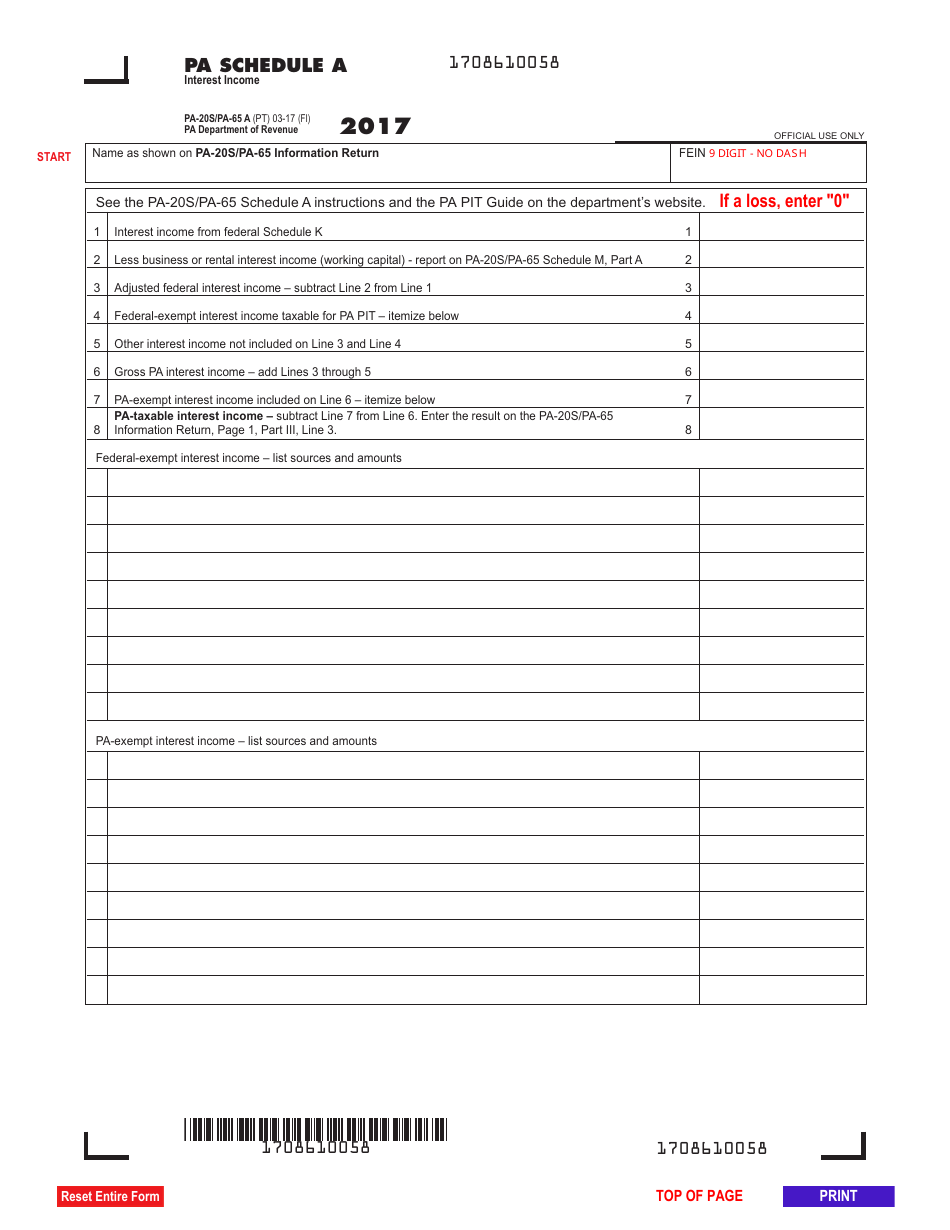 Form PA-20S / 65A Schedule A Interest Income - Pennsylvania, Page 1