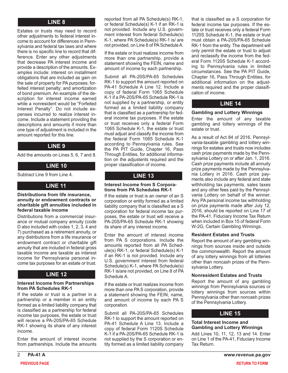 Form PA-41A Schedule A Interest Income and Gambling and Lottery Winnings - Pennsylvania, Page 4