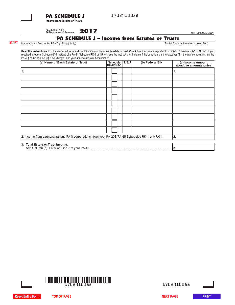 Form PA-40J Schedule J Income From Estates or Trusts - Pennsylvania, Page 1