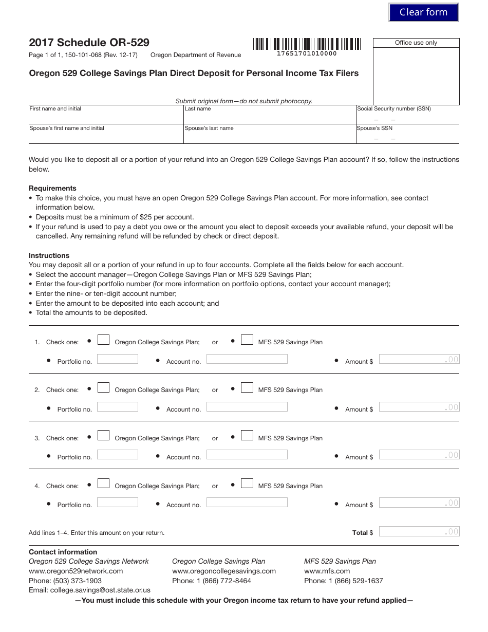 Form 150-101-068 Schedule OR-529 Oregon 529 College Savings Plan Direct Deposit for Personal Income Tax Filers - Oregon, Page 1
