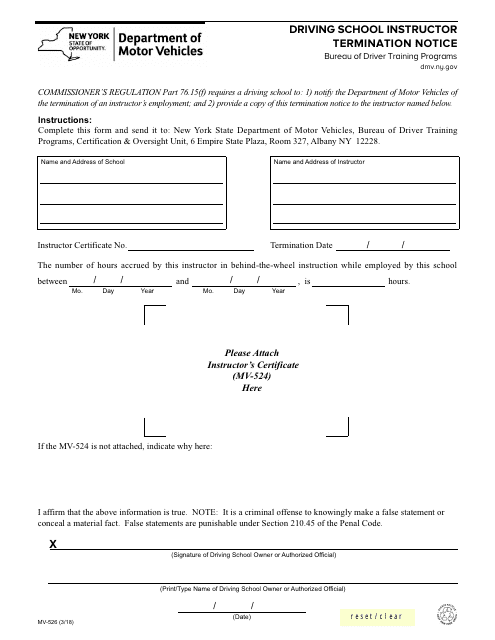 Form MV-526 Driving School Instructor Termination Notice - New York