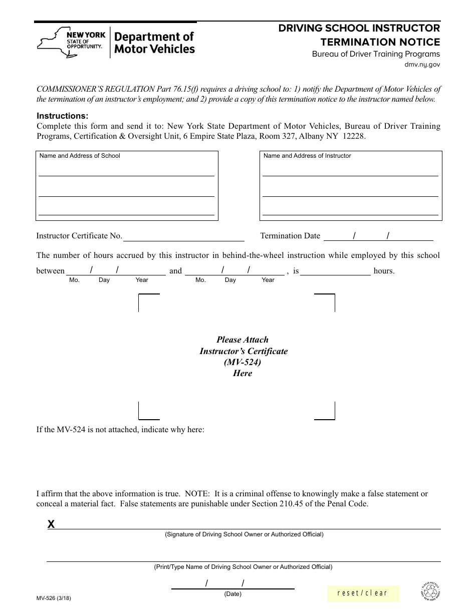 Form MV-526 Driving School Instructor Termination Notice - New York, Page 1