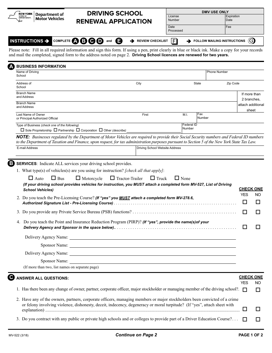 Form MV-522 Driving School Renewal Application - New York, Page 1