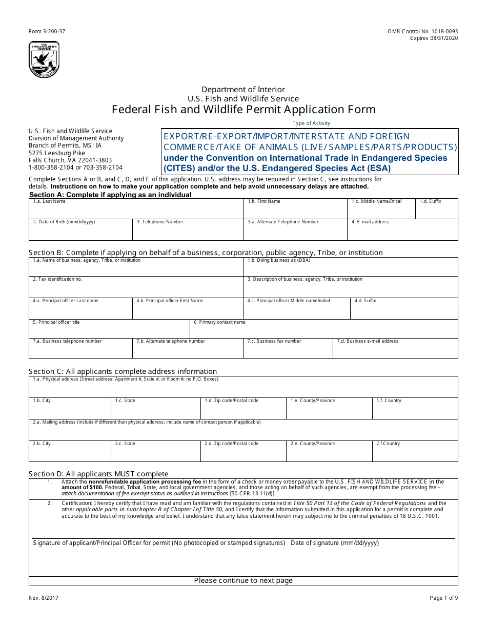 FWS Form 3-200-37 Federal Fish and Wildlife Permit Application Form, Page 1