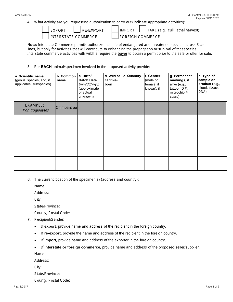 FWS Form 3-200-37 Federal Fish and Wildlife Permit Application Form, Page 3