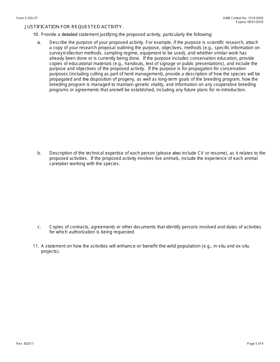 FWS Form 3-200-37 Federal Fish and Wildlife Permit Application Form, Page 5