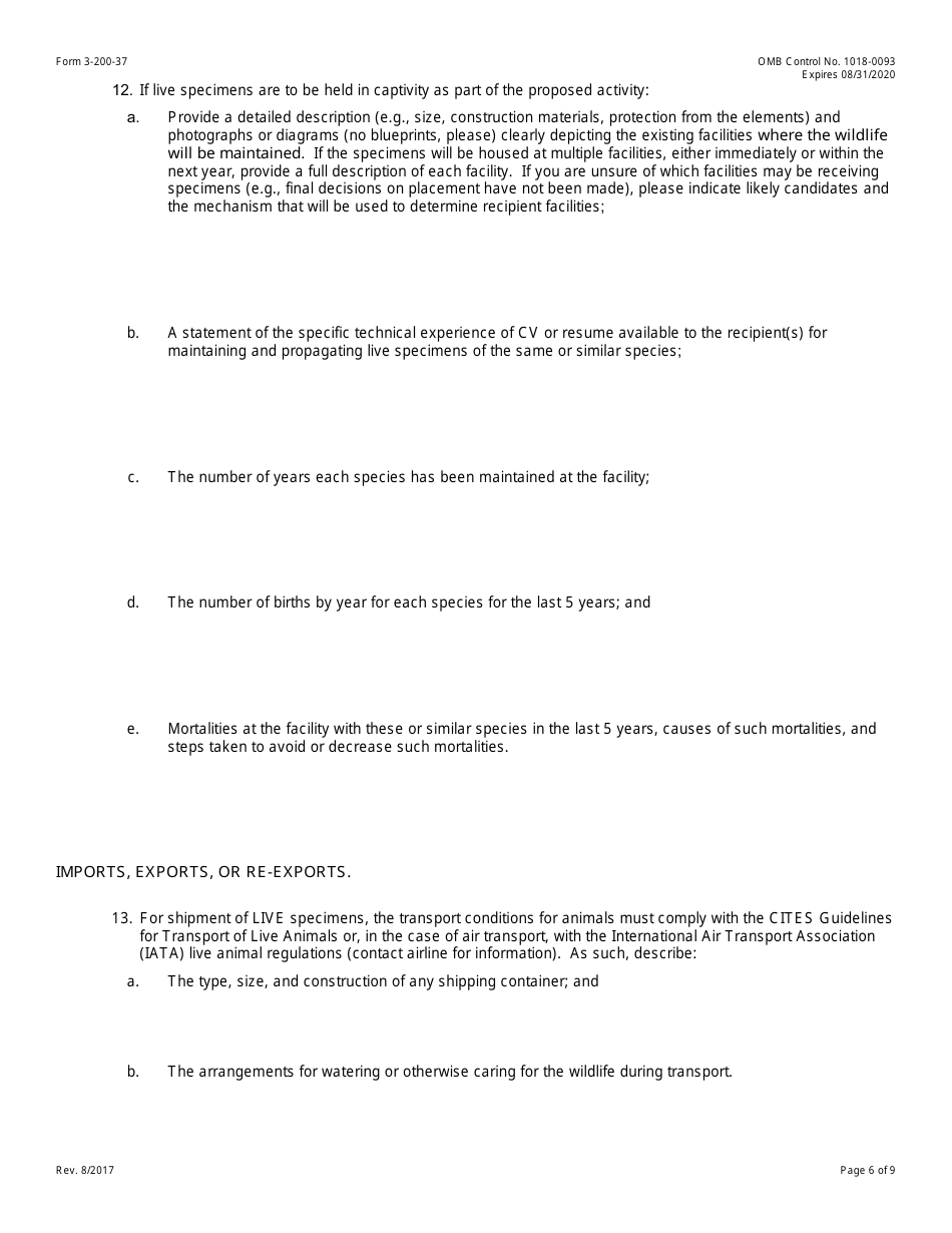 FWS Form 3-200-37 Federal Fish and Wildlife Permit Application Form, Page 6