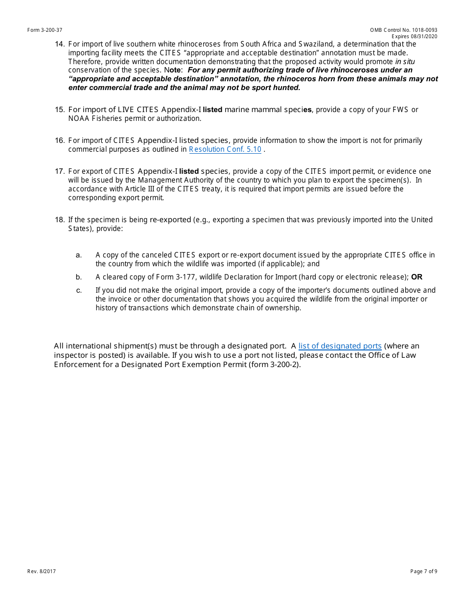 FWS Form 3-200-37 Federal Fish and Wildlife Permit Application Form, Page 7