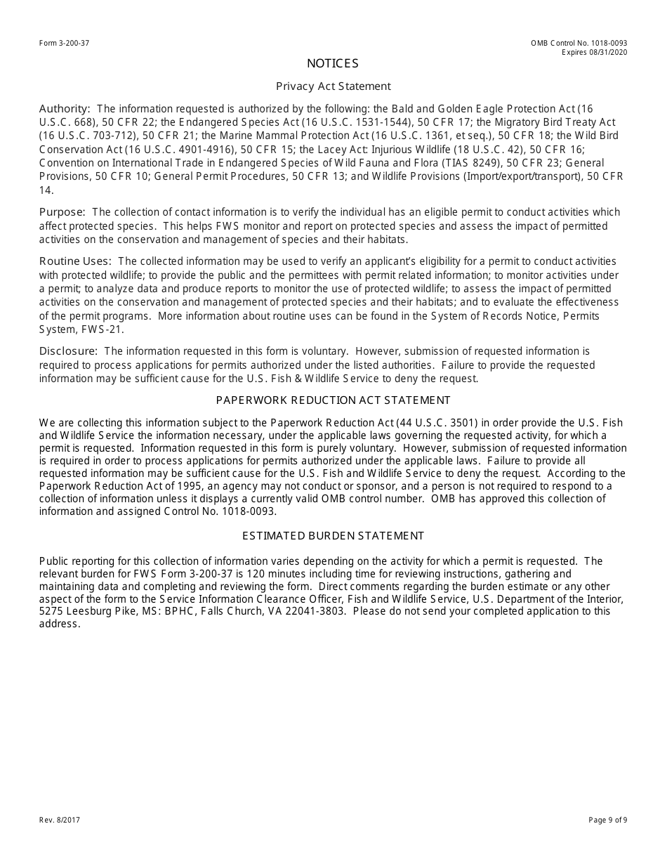 FWS Form 3-200-37 Federal Fish and Wildlife Permit Application Form, Page 9