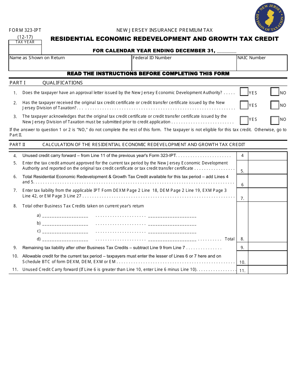 Form 323-IPT Residential Economic Redevelopment and Growth Tax Credit - New Jersey, Page 1