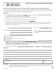 Document preview: Form MV-1441.3 Certification of Lost License, Permit or Plates - New York