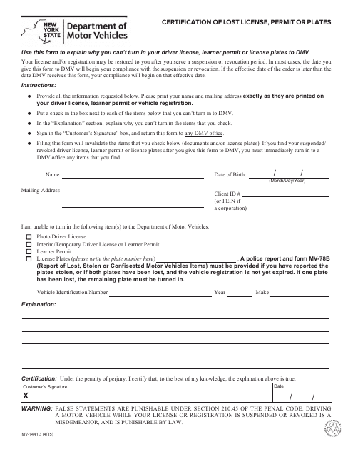Form MV-1441.3  Printable Pdf