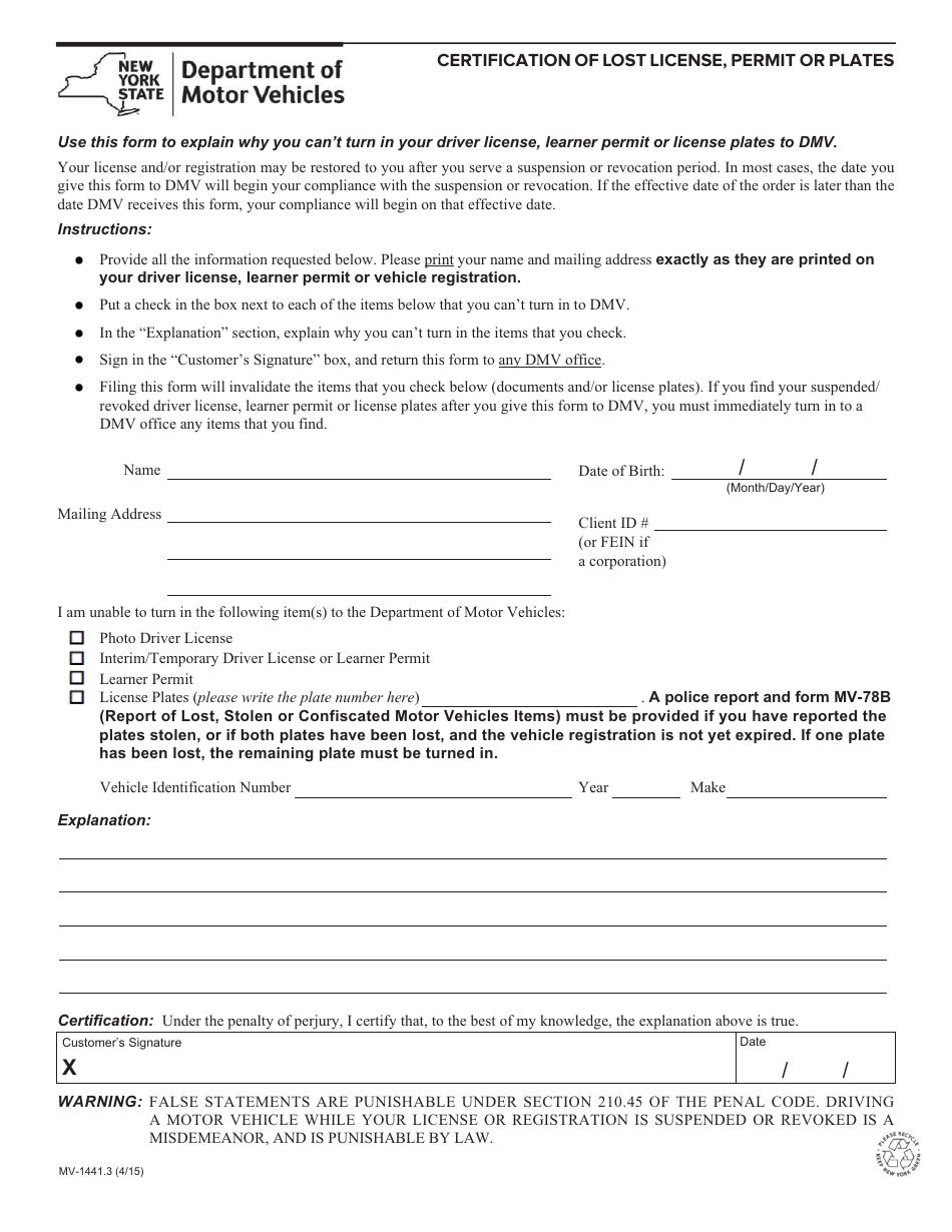 Form MV-1441.3 Certification of Lost License, Permit or Plates - New York, Page 1