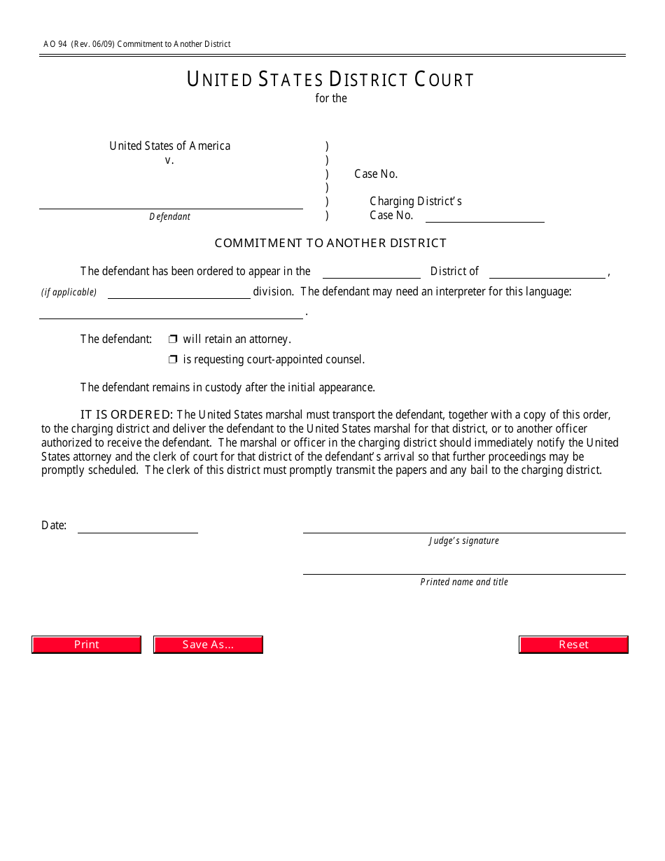 Form AO94 Commitment to Another District, Page 1