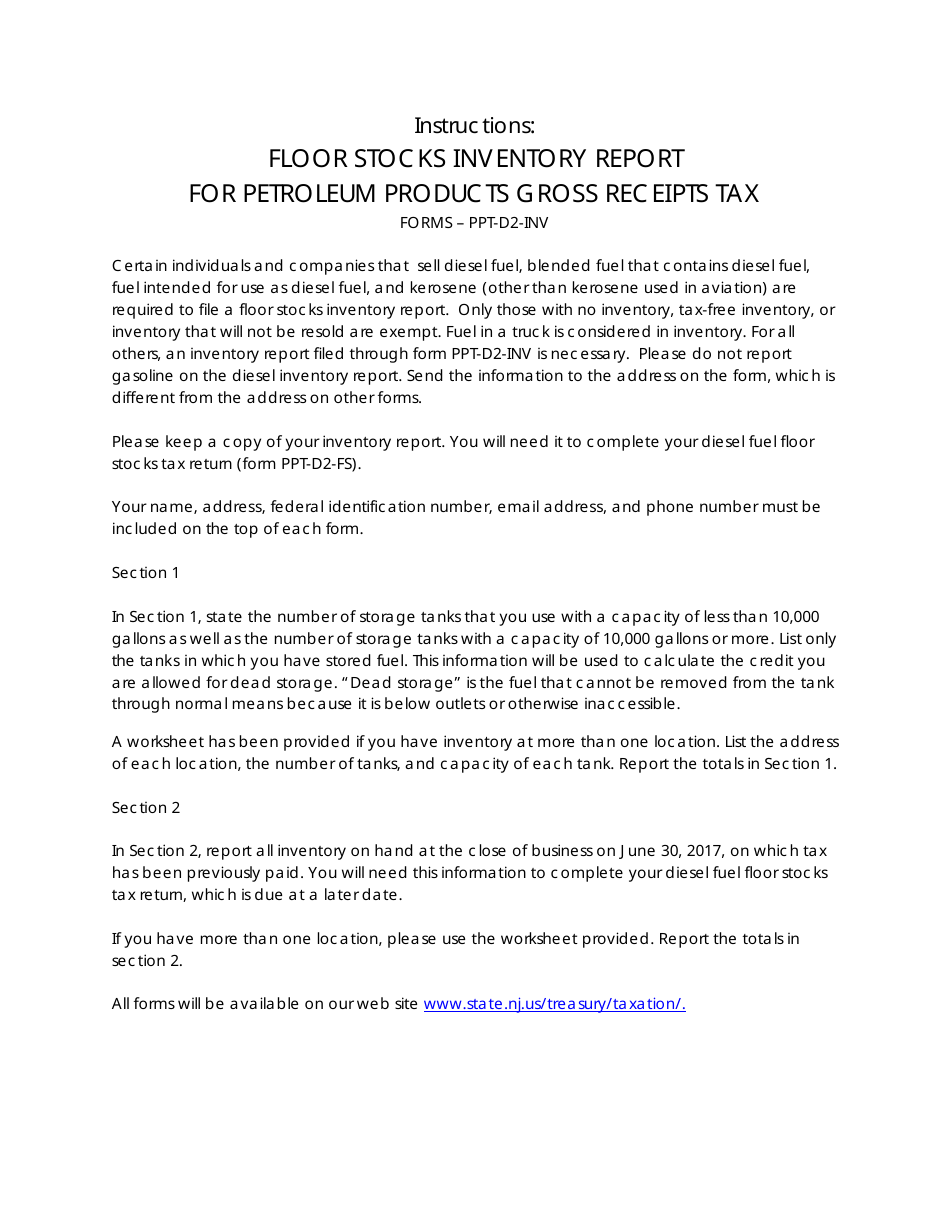 Instructions for Form PPT-D2-INV Floor Stocks Inventory Report for Petroleum Products Gross Receipts Tax - New Jersey, Page 1
