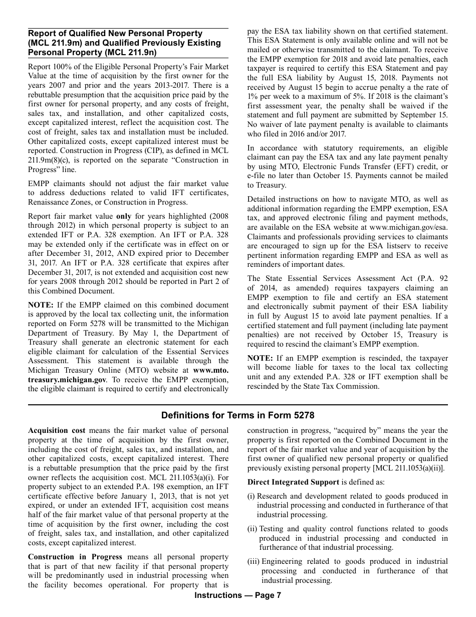 Form 5278 Eligible Manufacturing Personal Property Tax Exemption Claim, Personal Property Statement, and Report of Fair Market Value of Qualified New and Previously Existing Personal Property (Combined Document) - Michigan, Page 11