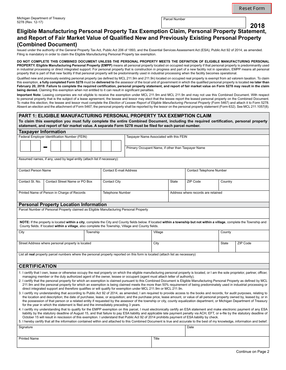 Form 5278 Eligible Manufacturing Personal Property Tax Exemption Claim, Personal Property Statement, and Report of Fair Market Value of Qualified New and Previously Existing Personal Property (Combined Document) - Michigan, Page 1