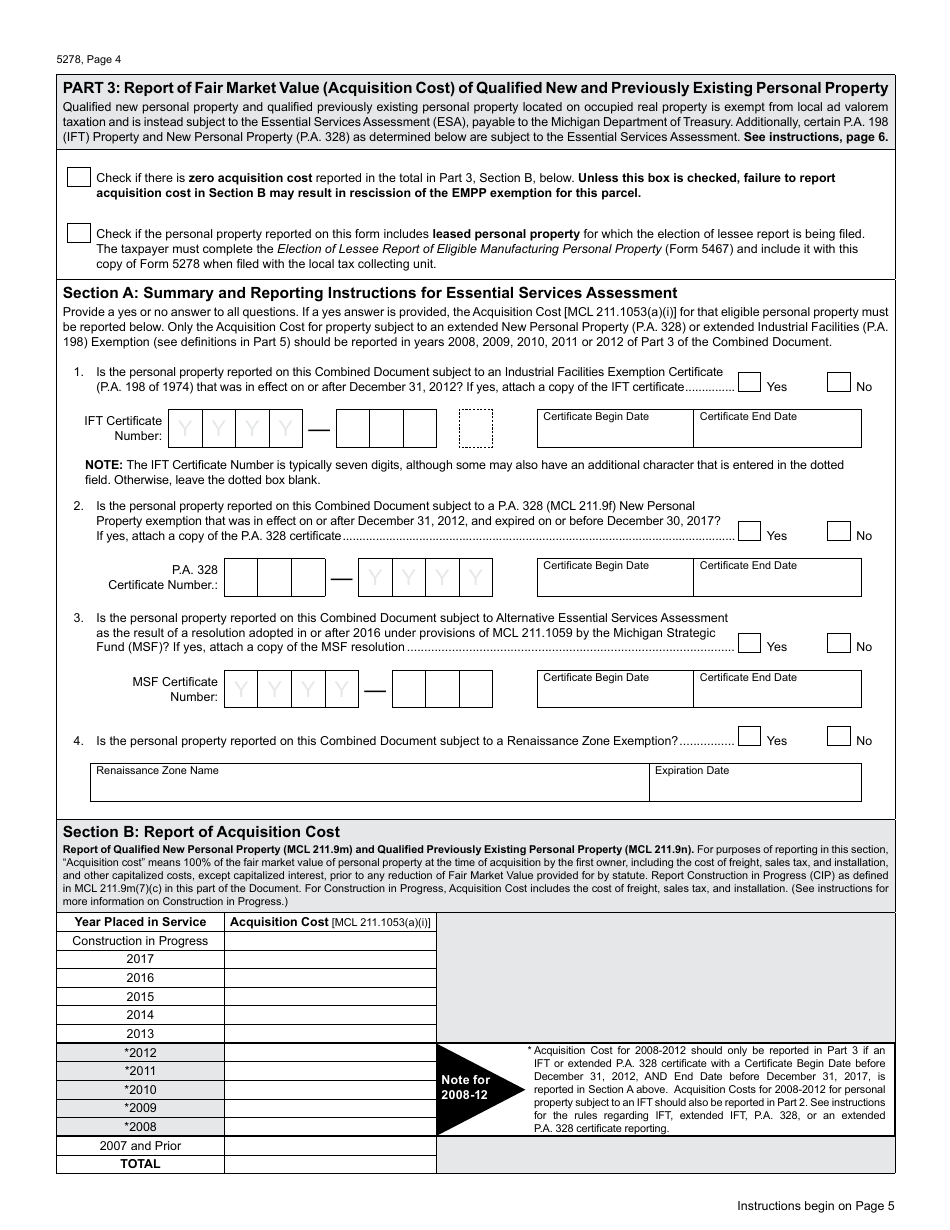 Form 5278 Eligible Manufacturing Personal Property Tax Exemption Claim, Personal Property Statement, and Report of Fair Market Value of Qualified New and Previously Existing Personal Property (Combined Document) - Michigan, Page 4