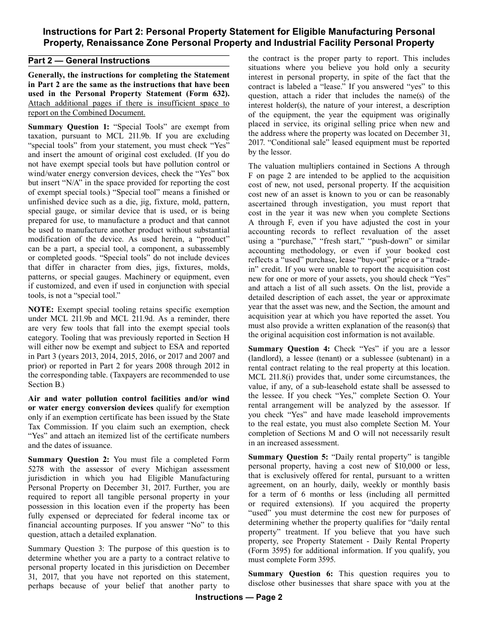 Form 5278 Eligible Manufacturing Personal Property Tax Exemption Claim, Personal Property Statement, and Report of Fair Market Value of Qualified New and Previously Existing Personal Property (Combined Document) - Michigan, Page 6