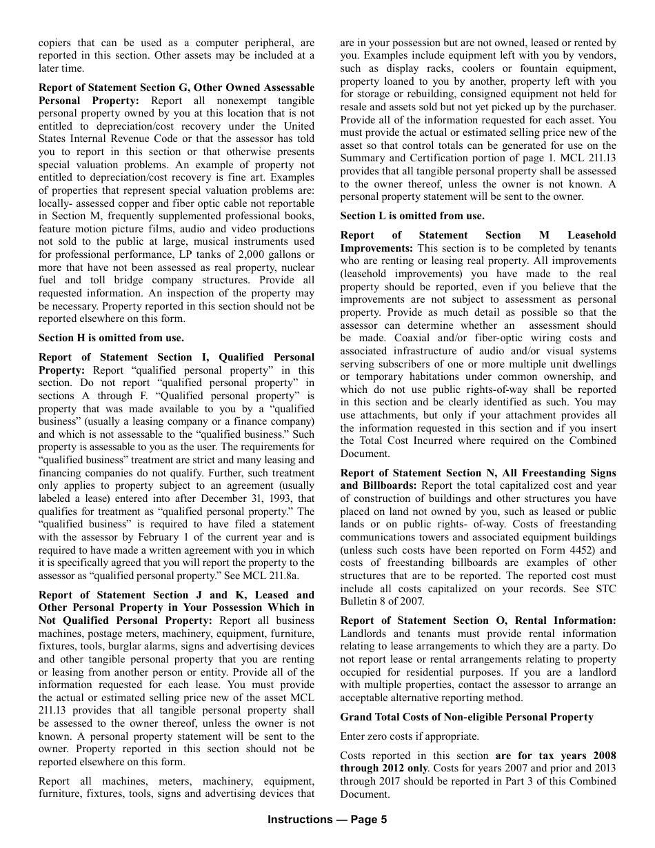 Form 5278 Eligible Manufacturing Personal Property Tax Exemption Claim, Personal Property Statement, and Report of Fair Market Value of Qualified New and Previously Existing Personal Property (Combined Document) - Michigan, Page 9
