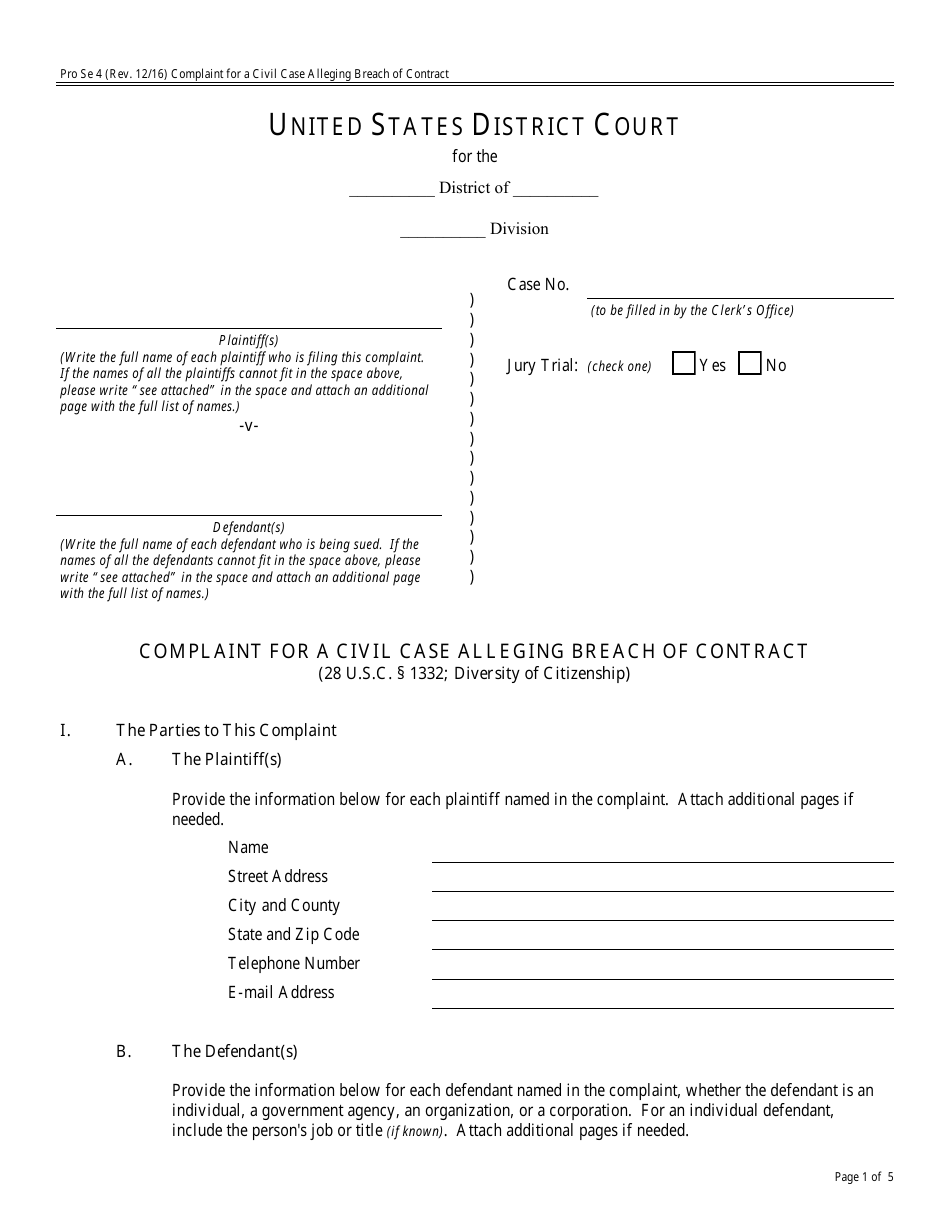 Form Pro Se4 Complaint for a Civil Case Alleging Breach of Contract, Page 1