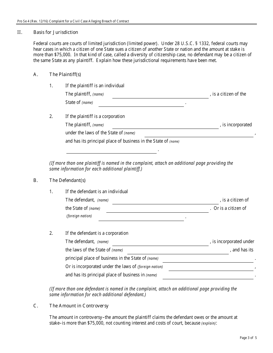Form Pro Se4 Complaint for a Civil Case Alleging Breach of Contract, Page 3