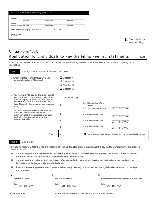 Official Form 103A Application for Individuals to Pay the Filing Fee in Installments