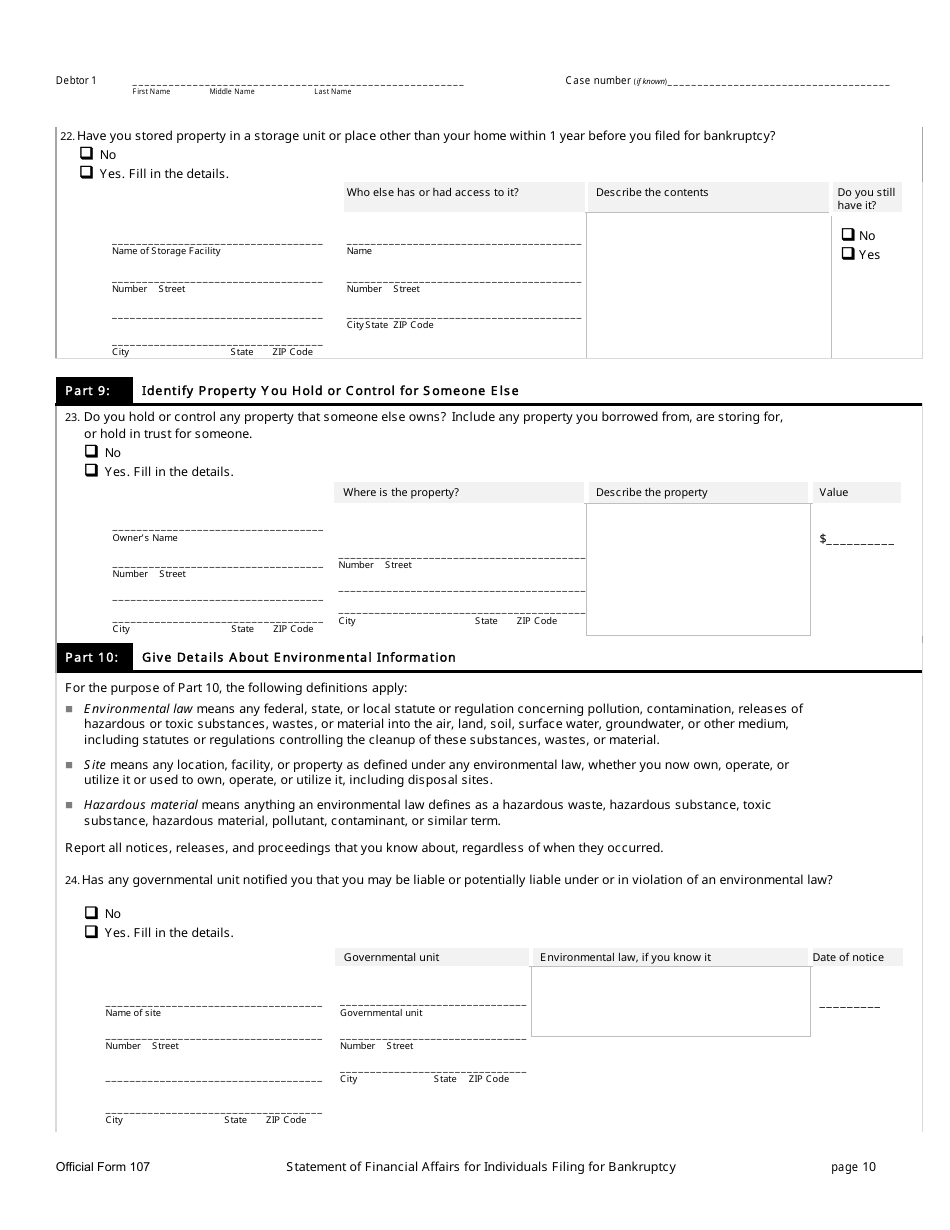 Official Form 107 Statement of Financial Affairs for Individuals Filing for Bankruptcy, Page 10