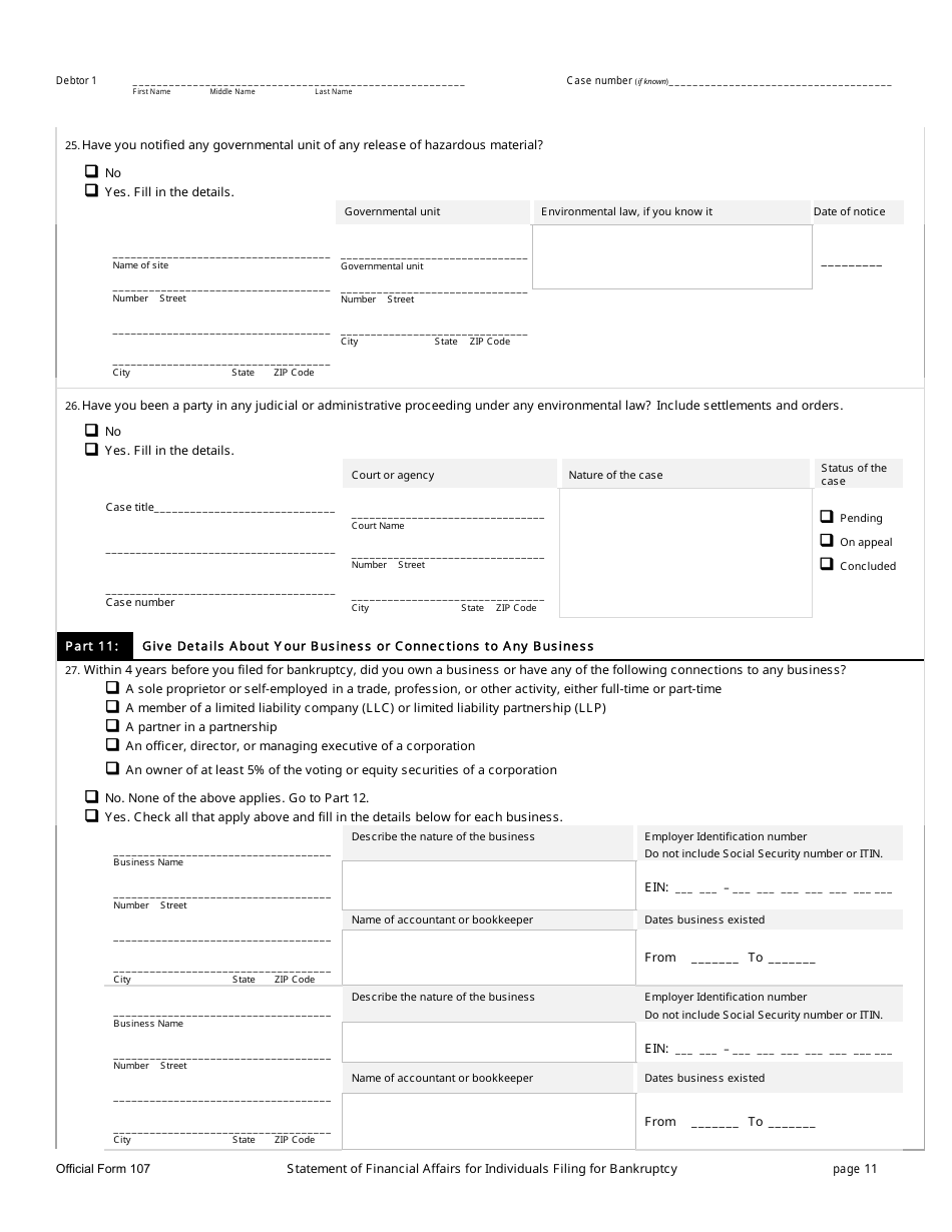 Official Form 107 Statement of Financial Affairs for Individuals Filing for Bankruptcy, Page 11