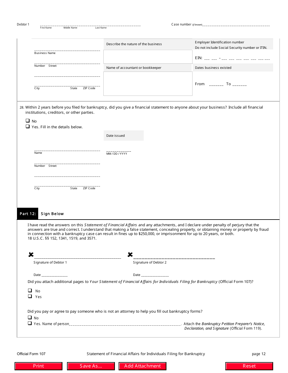 Official Form 107 Statement of Financial Affairs for Individuals Filing for Bankruptcy, Page 12