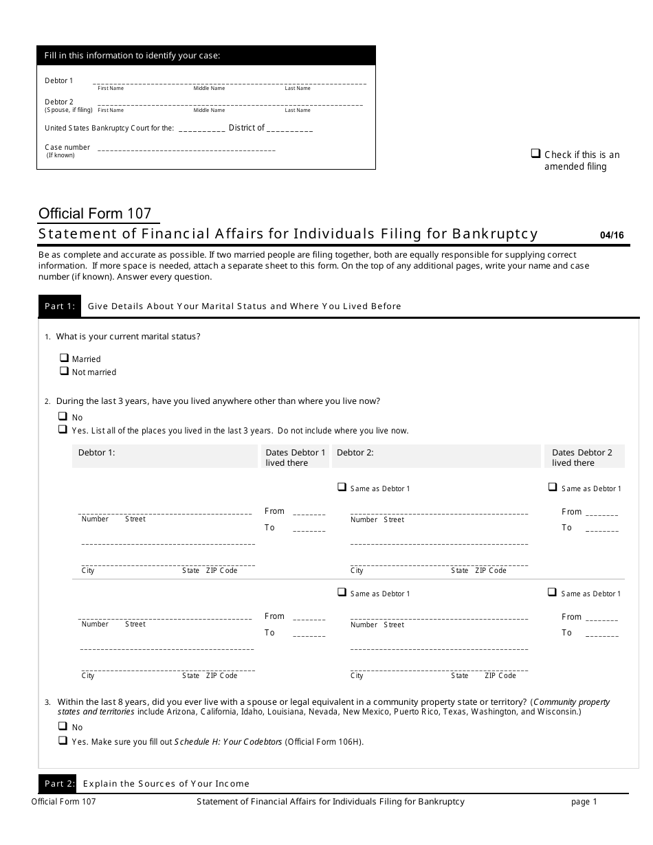 Official Form 107 Statement of Financial Affairs for Individuals Filing for Bankruptcy, Page 1