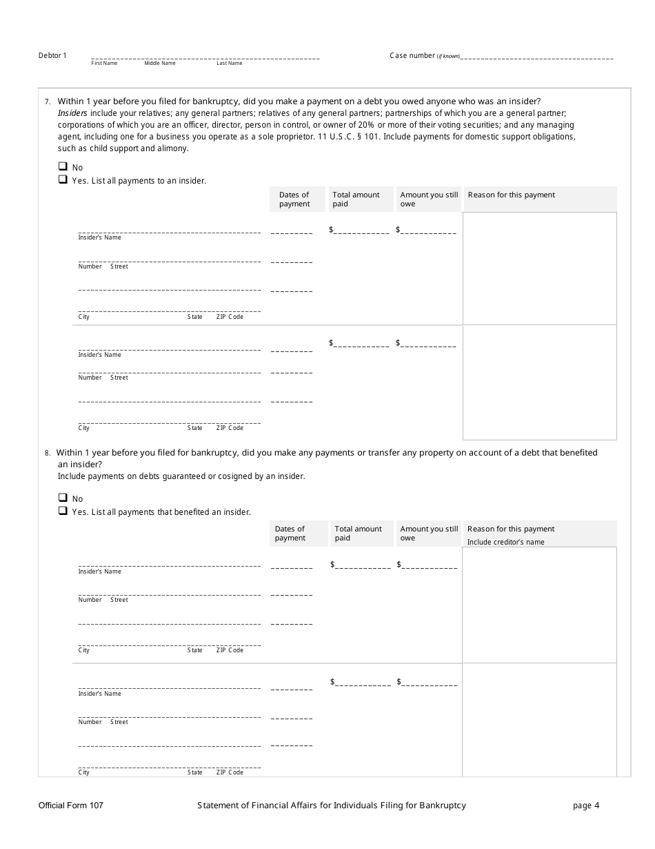 Official Form 107 Statement of Financial Affairs for Individuals Filing for Bankruptcy, Page 4